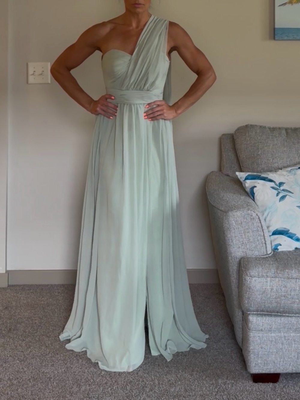 Elegant Strapless One-Shoulder Drape Sage Green Evening Gown